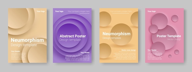 Carteles de formas geométricas Cubierta abstracta para una marca moderna Plantilla de libro de colores Círculos de neumorfismo Figuras concéntricas superpuestas Páginas de papel de revistas Conjunto de diseño de pancartas mínimas vectoriales