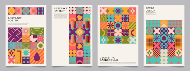 Carteles de formas retro geométricas Folletos de diseño retro bauhaus abstracto para anuncios y presentaciones formas mínimas de vanguardia Colección de vectores