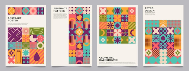 Carteles de formas retro geométricas folletos de diseño retro bauhaus abstracto para anuncios y presentaciones formas mínimas de vanguardia colección de vectores