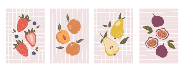 Carteles de frutas carteles de cocina vectoriales diseño de dibujos animados frutas frescas verduras