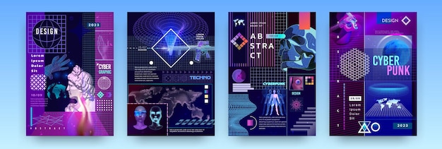 Carteles futuristas formas de cuadrícula 3D planetas espaciales líneas retro para ácido camiseta cráneo humano y escultura ropa de calle impresión Scifi arma y mapa cyberpunk conjunto de diseño de pancartas vectoriales