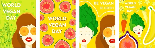 Carteles geniales para el día vegano. Estilo moderno de banner de moda para el día vegano internacional