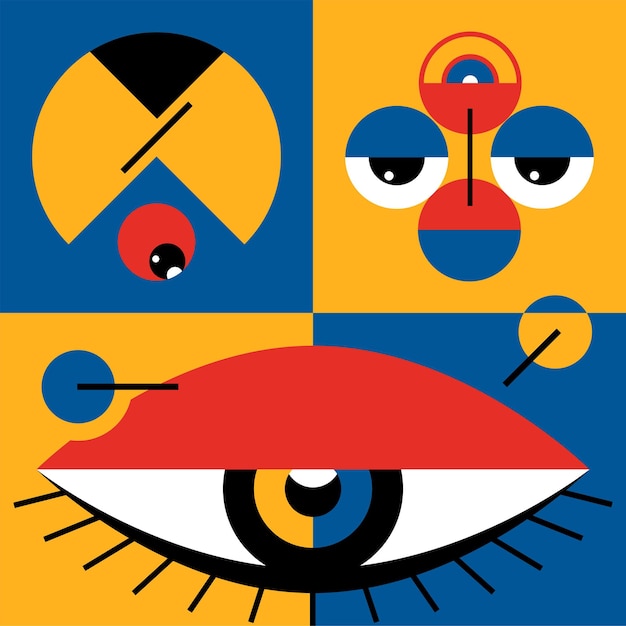 Vector carteles geométricos de la bauhaus. geometría abstracta con diferentes formas, líneas y ojos.