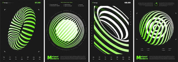 Vector los carteles geométricos establecen figuras volumétricas geométricas verdes y blancas con la inscripción ciberespacio y