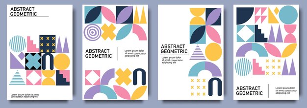 Carteles geométricos con patrones geométricos texturizados y formas abstractas diseño de portada retro