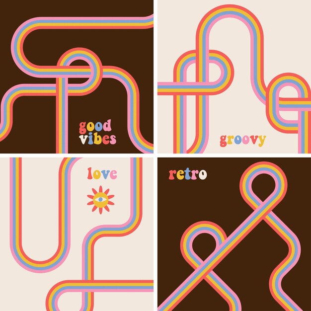 Los carteles geométricos retro establecen líneas de color del arco iris vintage.