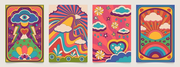 Carteles hippie fondo de pantalla retro psicodélico con flores de manzanilla floral y plantas diseño decorativo floral estilo de los años 70 fondo de pantalla vintage abstracto de vector