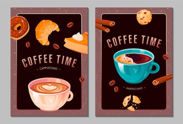 Carteles de la hora del café Colección de volantes de tipos de café Capuchino Americano Una bebida caliente