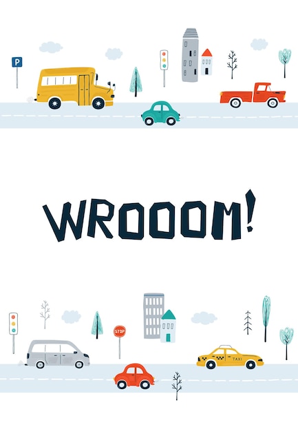 Vector carteles infantiles con coches y letras ¡wrooom! en estilo de dibujos animados. lindas ilustraciones para el diseño de la habitación de los niños, postales, estampados para ropa. vector