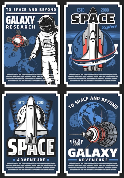 Vector carteles de investigación de galaxias de aventuras en el espacio exterior.