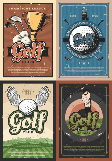 Vector carteles de los jugadores del club de la escuela de golf de la liga de campeones.