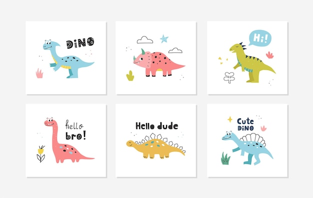 Carteles con lindos dinosaurios. diseño vectorial para habitación de bebé, tarjetas de felicitación, camisetas.