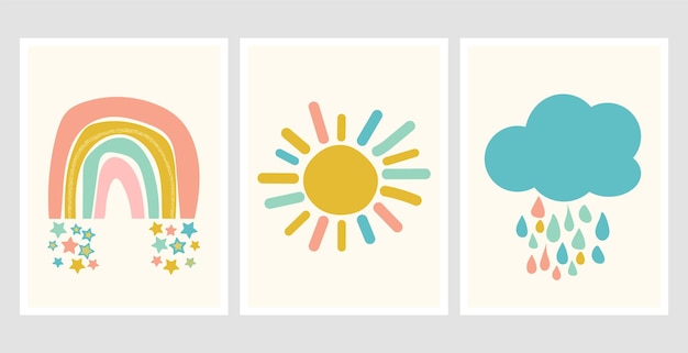 Carteles lindos de estilo escandinavo con nubes de arco iris y sol Dibujo infantil para diseño de vivero Arco iris de doodle divertido Ilustración dibujada a mano Diseño de vivero escandinavo