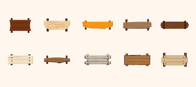 Carteles de madera de dibujos animados vectoriales y conjunto de banderas