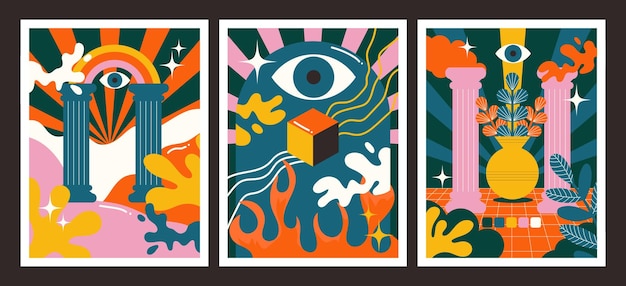 Carteles maravillosos de los 90 Estilo psicodélico de dibujos animados Personajes hippie brillantes y elementos retro paisaje