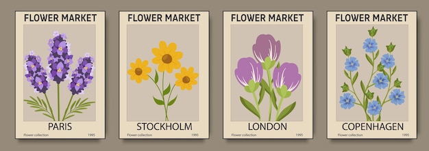 Carteles del mercado de flores de conjunto abstracto Artes murales botánicas de moda con diseño floral