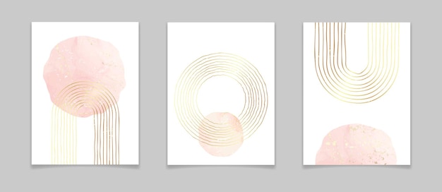 Carteles minimalistas abstractos con líneas doradas y elementos de acuarela.