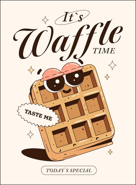 Carteles de moda con personajes divertidos Recién horneados It's Waffle Time Branding mascotas para cafetería