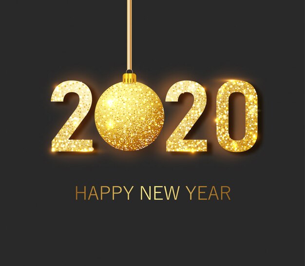 Carteles de Navidad y Año Nuevo con adornos colgantes de oro y plata en 3D y números 2020.