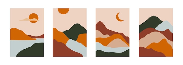 Carteles de paisaje conjunto abstracto en estilo plano Fondo de diseño dibujado a mano colorido moderno