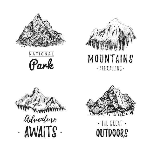 Carteles de paisaje de montaña dibujados en vector