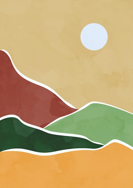 Vector carteles de paisajes minimalistas abstractos modernos campos de colinas y sol colores pastel tonos tierra estampados boho de mediados de siglo