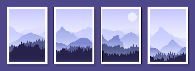 Carteles de paisajes de montaña Tarjetas mágicas con rocas siluetas de luna y cielo estrellado Decoraciones de casas abstractas fondo vectorial de ilustración fondo paisaje