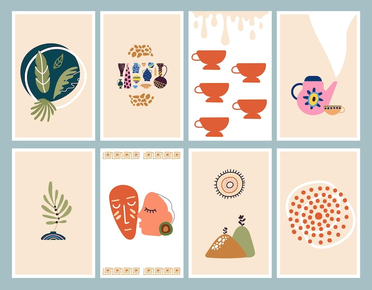 Vector carteles de pared de arte primitivo tarjetas de estilo boho con elementos abstractos jarrones con tazas de plantas y hojas de mokko goteando y fondos de vector de sol punteado
