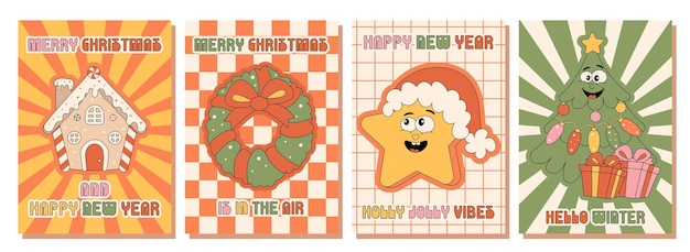 Carteles de personajes navideños en estilo de dibujos animados retro de los años 70 años 80 casa de pan de jengibre Navidad