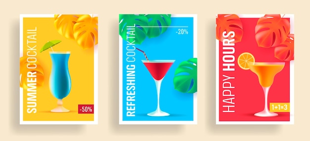 Carteles de rebajas de verano con ofertas promocionales para cócteles de alcohol ilustraciones realistas en 3d