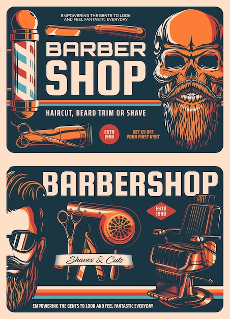 Vector carteles retro de barbería calavera con maquinilla de afeitar para barba