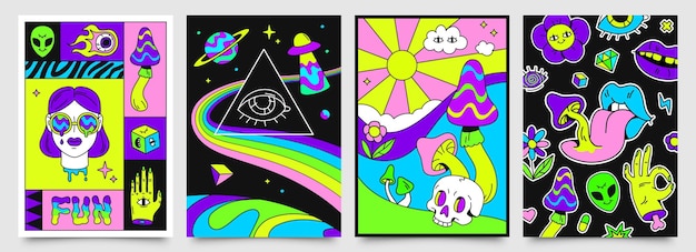 Carteles retro hippie psicodélicos con espacio, setas y arco iris. Cubiertas abstractas de los años 70 con calavera, ojos flotantes, conjunto de vectores de labios locos. Nave espacial ovni brillante y alienígena volando en el universo