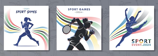 carteles con siluetas de jugadoras de tenis, atletas, mujeres en una carrera y gimnastas