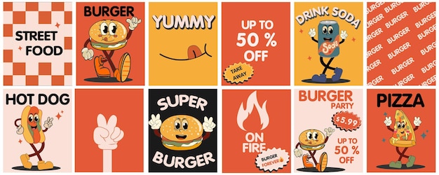 Carteles y tarjetas de comida rápida de dibujos animados retro de hamburguesa Cita de eslogan de personaje cómico y otros elementos