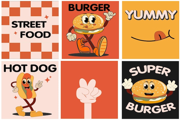 Carteles y tarjetas de comida rápida de dibujos animados retro de hamburguesa Cita de eslogan de personaje cómico y otros elementos
