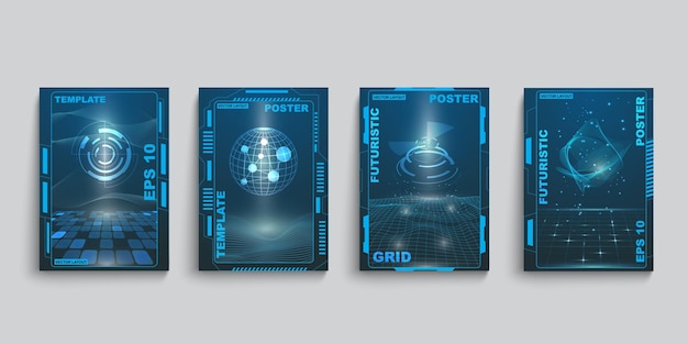 Carteles techno cyberpunk Arte líquido con formas onduladas futuristas negras Diseño de folletos monocromáticos en círculo HUD marcos azules Planetas espaciales y cuadrícula digital Conjunto de plantillas vectoriales abstractas