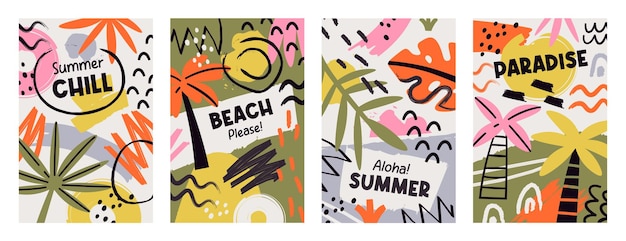 Los carteles de vacaciones de verano en la playa están dispuestos con diseños de pincel grunge dibujados a mano.