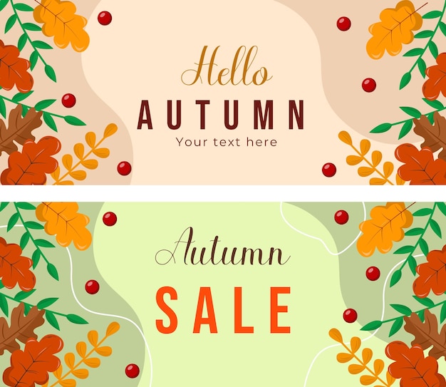 Carteles de venta de otoño plantilla de pancarta vectorial Fondo con hojas de árboles de colores