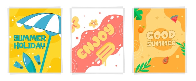 Carteles de verano coloridos con helados de frutas y elementos de playa