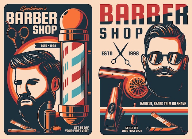 Carteles vintage de salón de peluquería de barbería.