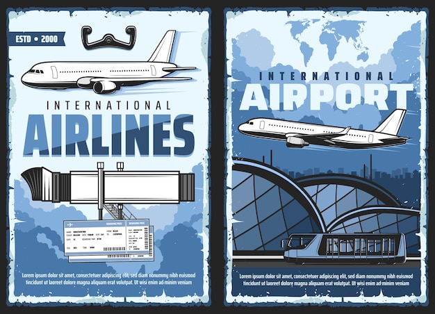 Vector carteles de vuelos internacionales de aeropuerto y avión.
