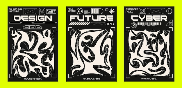 Carteles Y2K en estilo retro futurista Elementos de estilo tribal para el diseño de los años 90 Banner vectorial imprimible