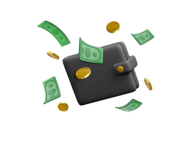 Cartera 3D con moneda de billete de dólar verde y monedas de oro Concepto de negocios y finanzas Ilustración vectorial