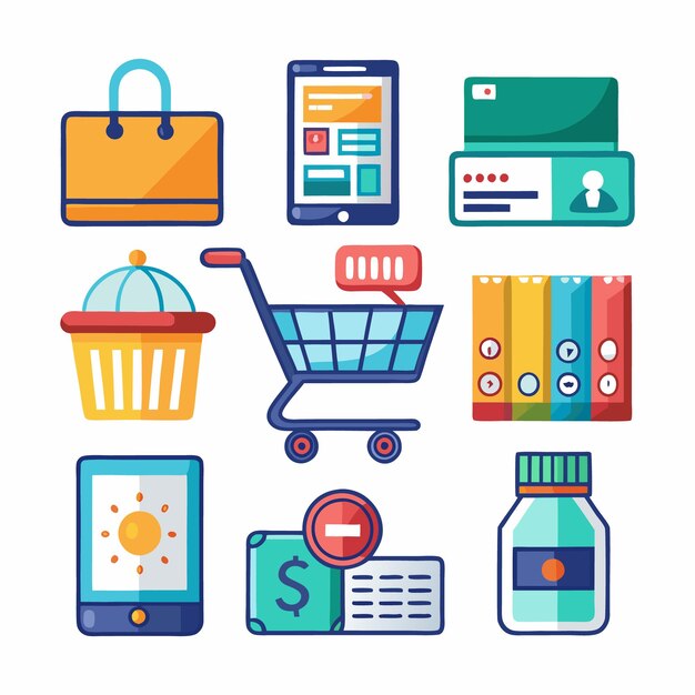 Cartera de compras Apps móviles y conjunto de iconos de tarjetas de crédito