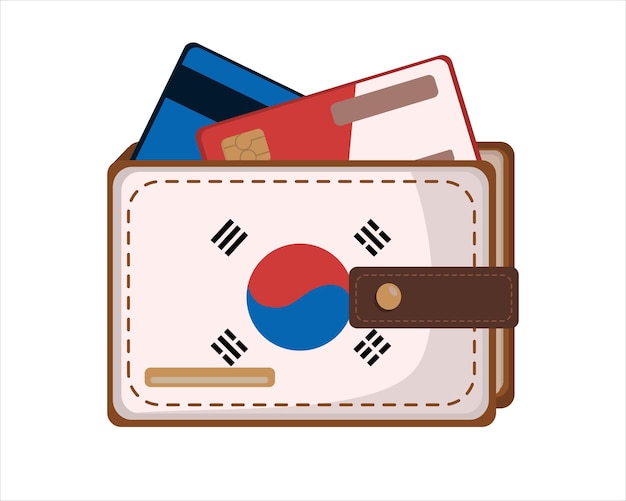 Vector cartera de cuero aislada con bandera coreana y tarjeta de crédito en blanco en estilo plano. imagen vectorial