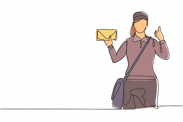 Una cartera de dibujo continuo de una línea vestida de uniforme con un gesto de pulgar hacia arriba sostiene el sobre