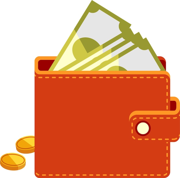 Cartera con dinero en efectivo, monedas de oro y billetes de dólar en estilo plano
