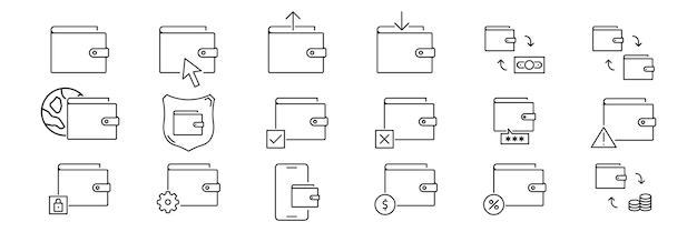 Vector cartera de finanzas y conjunto de iconos negros de línea de contorno de dinero