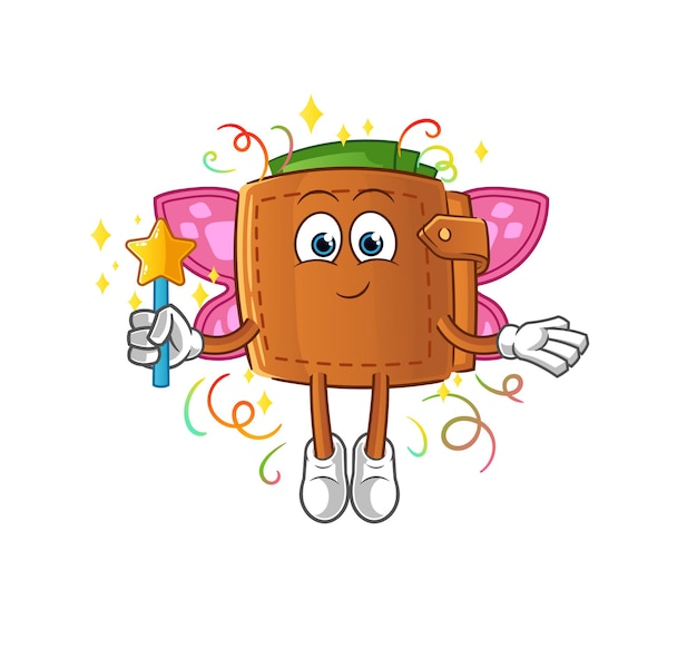 Cartera hada con alas y palo. vector de mascota de dibujos animados