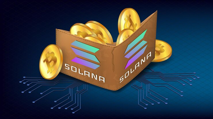Vector cartera isométrica llena de monedas de oro bitcoin btc y logo solana sol blockchain en azul cartera conceptual con soporte de cadena de bloques solana banner para noticias